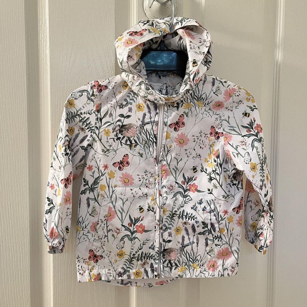 H&M Floral Butterfly Bees Lightweight Hooded Jacket Windbreaker Girls Size 3-4